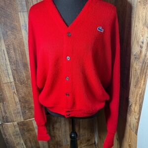 Vintage IZOD Lacoste Red Cardigan Sweater Womens XL Orlon Acrylic